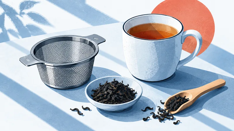 A mesh brewing basket beside a cup of tea, a dish of loose leaves and a wooden scoop.