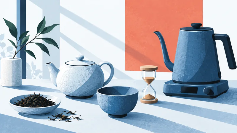 A blue kettle, porcelain teapot, empty cup, sand timer and loose tea arranged for brewing.