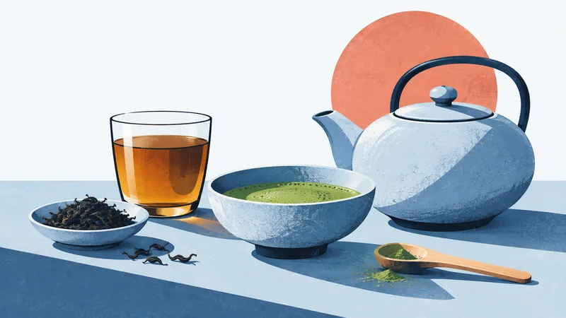 Blue teapot, matcha bowl, amber tea and loose leaves in a cool-toned screenprint still life.