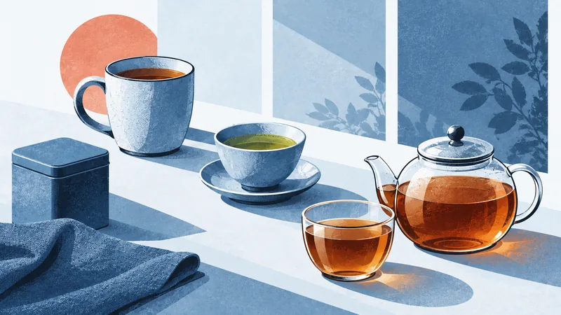 Blue tea cups, a tin and a glass pot on a cool white table with geometric blocks of changing light.