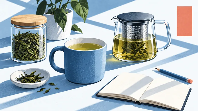 A blue handled mug, clear jar of tea leaves and glass brewing jug beside a blank notebook and pencil.
